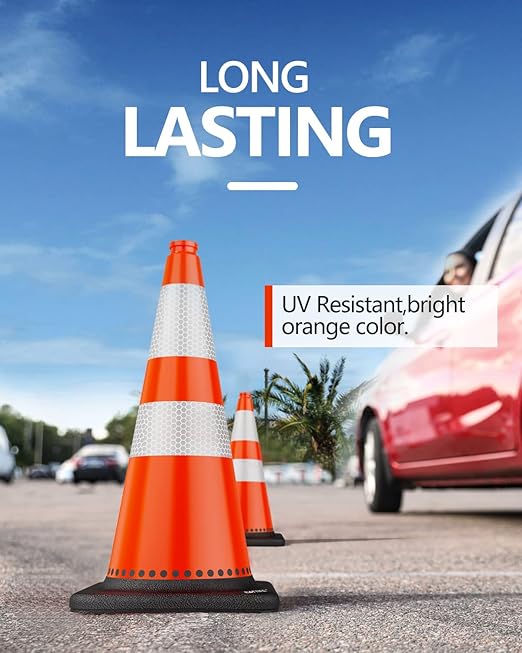 (12 Pack) BATTIFE Traffic Cones 28 Inch with Black Weighted Base, PVC Orange Cone for Traffic Control, Construction Events, Driveway Road Parking Lot