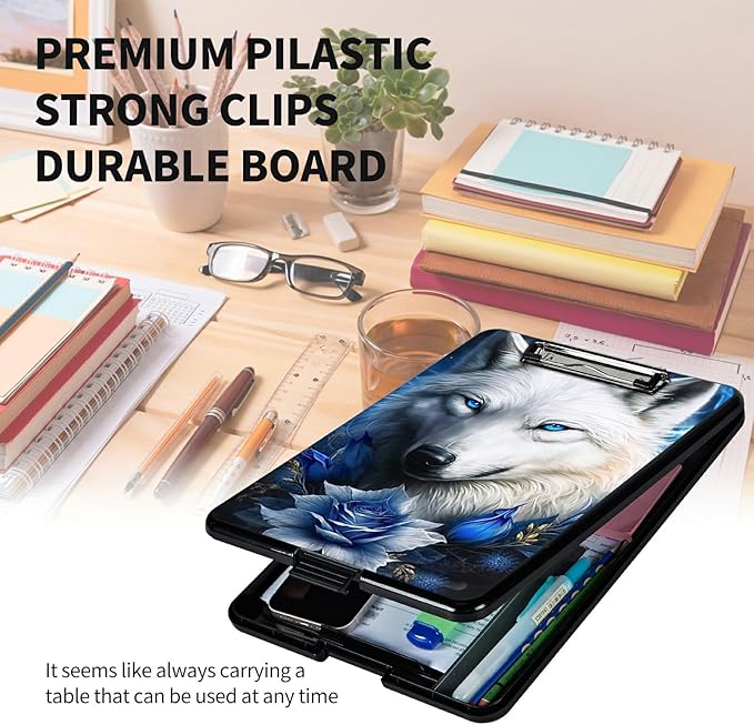 A4 Clipboards,Heavy Duty Waterproof Nursing Plastic Folder Clipboard with Storage Clip Boards,File Folder Storage Box Clipboard Case for Teacher,Doctor,Offices,Bule Rose Wolf