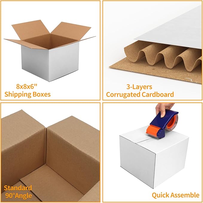 PETAFLOP 25 Pack White 8x8x6 Shipping Boxes, Small Cardboard Corrugated Box for Business, Mailing, Mailer, DIY