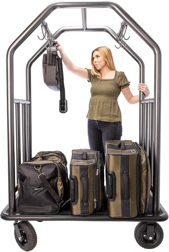 Coastal Luggage Cart Fully Assembled – All-Weather Resistant Stainless Steel Hotel Bell Cart w/Outdoor Rubber Deck & Air-Filled Tires, Trolley for Travel, Beachfront and Condo - 165 lbs (Hammertone)