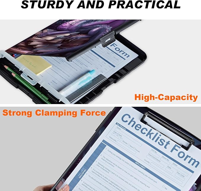 Clipboard with Storage Compartment, 8.5 x 11 Letter Size Side Opening Clip Board with Pen Holder, Hard Portable Clipboard Organizer for Nurse, Teacher, Contractor, Jobsite, Purple Dragon Book