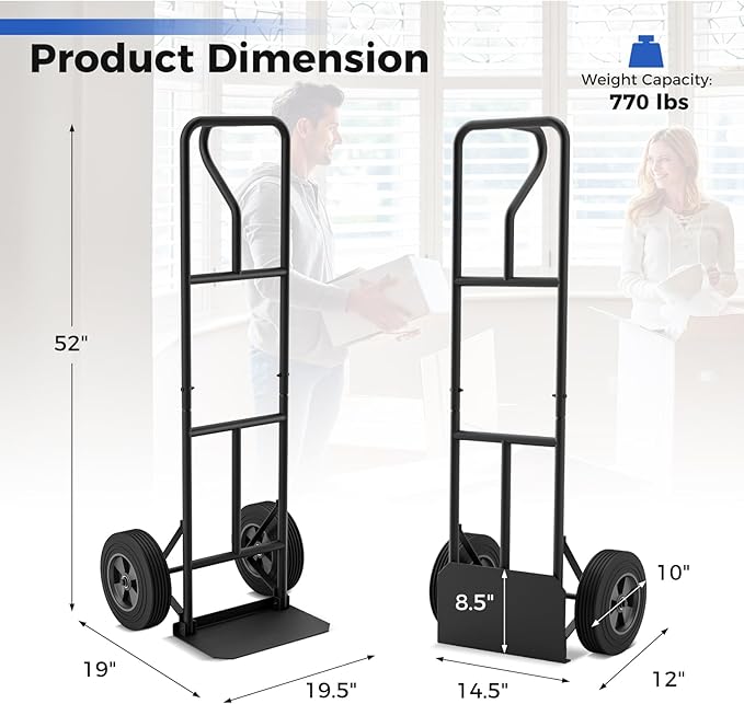 Goplus Hand Truck, P-Handle Hand Truck Dolly w/770LBS Capacity, Vertical Loop Handle, 10” Rubber Wheels, 14.5”x 8.5” Foldable Nose Plate, Heavy Duty Metal Dolly Cart for Lifting, Stairs