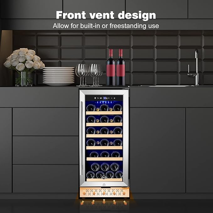 Tylza 15 Inch Wine Cooler Under Counter, 30 Bottles Built-in Wine Fridge with Stainless Steel Tempered Glass Door, Temp Memory Function, Freestanding Fast Cooling Wine refrigerator, Quiet Operation