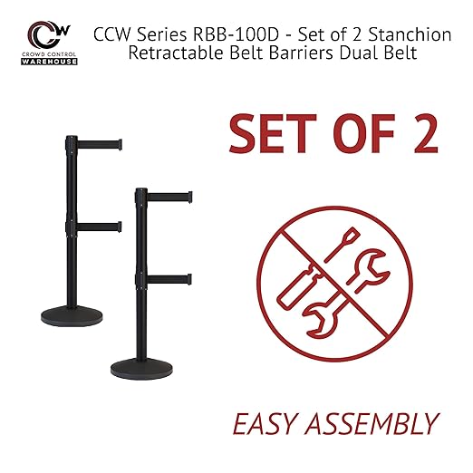 Crowd Control Warehouse CCW Series RBB-100D Set of 2 Stanchion Retractable Belt Barriers - Sloped Base, 7.5 Foot, Light Brown Dual Belt with Black Post - Easy Assembly