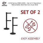 Crowd Control Warehouse CCW Series RBB-100D Set of 2 Stanchion Retractable Belt Barriers - Sloped Base, 11 Foot, Light Grey Dual Belt with Black Post - Easy Assembly
