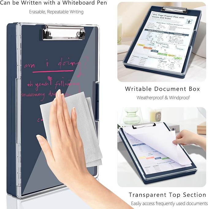 Clipboard with Storage,Heavy Duty Clip Boards 8.5x11 with 2 Storage Case,Clear Visible Top Panel Storage Clipboards,Side Opening Clip Boards,Nursing Clipboard Folder Case for Office Supplies-Grey Blue