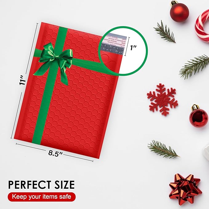 Christmas Poly Bubble Mailers | #2 Cushion Mailer, 8.5"x11" | Self Seal | Holiday Themed, Red Green Gift Packaging Envelope | Xmas Padded Envelopes | Shipping Bags Mailing Envelopes | 100 pack Bulk