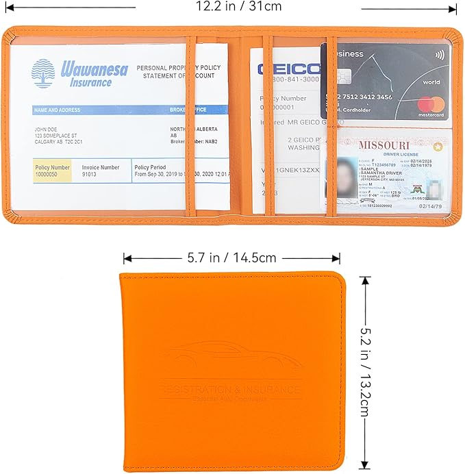 Car Registration and Insurance Holder, Premium Pu Leather Vehicle Glove Box Organizer - for Driver License, Cards & Essential Documents (S-Orange)