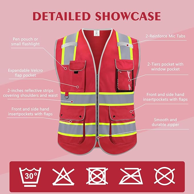 Reflective Safety Vest for Men Women, High Visibility Safety Vest with 8 Pockets Zipper Front, Meets ANSI Standards