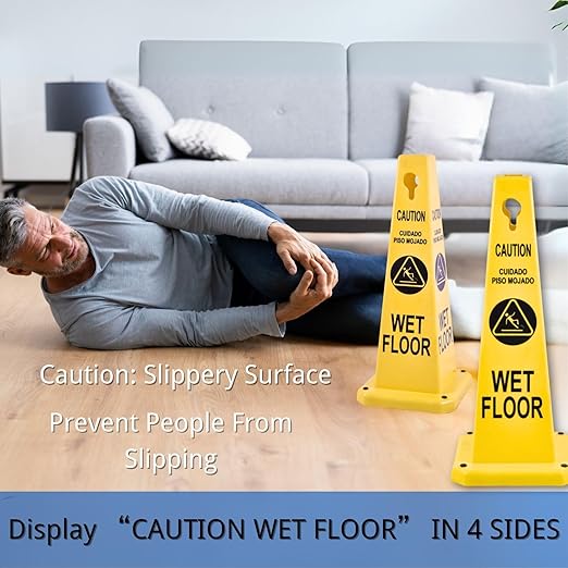 BESEA Caution Wet Floor Signs 8 Pack Heavy Duty Caution Cones to Avoid Slipping When Wet Sign, Yellow 4 Sides Bilingual Printing Avoid Fall Slip Accident for Indoors and Outdoors