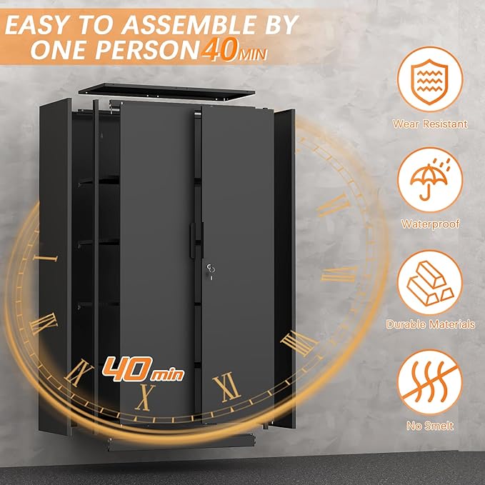 72" H Metal Garage Cabinet,Metal Lockable Storage Cabinet with 2 Doors, Locking Tall Garage Storage Cabinets with Adjustable Shelves,Tool Cabinets for Home Office,Gym,School (Black)