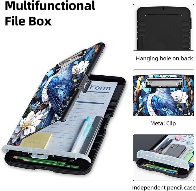 Clipboard with Storage Box & Pen Holder,Heavy Duty Clip Boards 8.5x11 for Nursing,High Capacity,School & Office Supplies,Bluebird Blossom