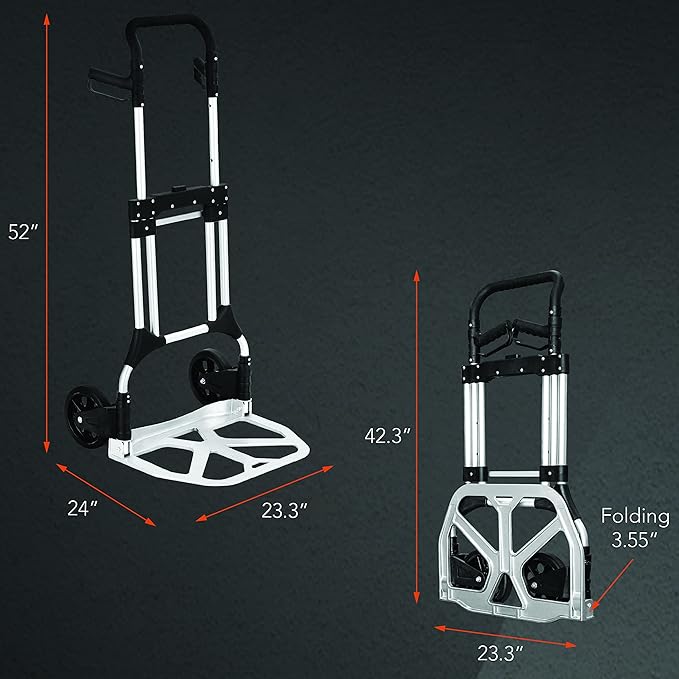 Olympia Tools 440 LB Aluminum Folding Hand Truck with Telescoping Handle - Foldable Moving Furniture Trolley Dolly Cart with 2-Wheels & Ergonomic Handle - Collapsible Hand Trucks for Home, Office