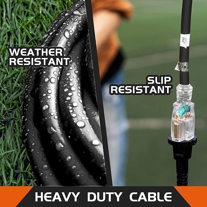 3-Outlets Indoor Outdoor Extension Cord Weatherproof with Lighted End, UL Listed, 12 Gauge 6FT Black 3 Prong Heavy Duty, 12/3 SJTW 15A Power Cord
