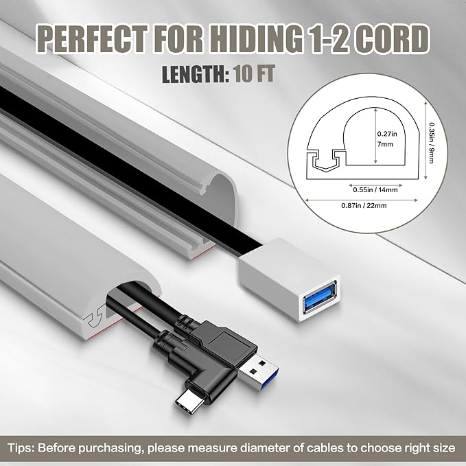 Cord Wall Cover, 118in Self-Adhesive Wire Covers for Cords on Wall, Extension Cable Hider for Floor, Mounted Tv, Home and Office Cavity 0.63" Wx0.31 H