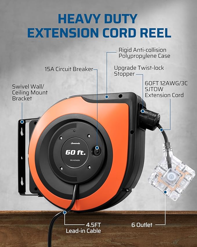 DEWENWILS 60 FT Retractable Extension Cord Reel with 6 Grounded Outlets, Twist-lock Stopper Heavy Duty Power Cord, 15A Circuit Breaker, Wall/Ceiling Mounted for Garage, Workshop, ETL Listed
