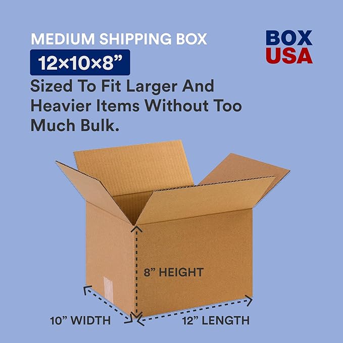 BOX USA Shipping Boxes 12"L x 10"W x 8"H, 25-Pack Small Corrugated Cardboard Box Shipping, Packaging, Moving, Storage Box for Home or Business, Strong Wholesale Bulk Boxes