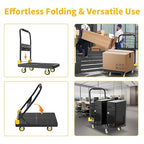 Push Cart Dolly - Foldable Heavy - Duty Flatbed Platform Cart with 360 - Degree Rotating Wheels for Moving in Food Truck and Trailer, Load Capacity 330 lbs, Black Yellow