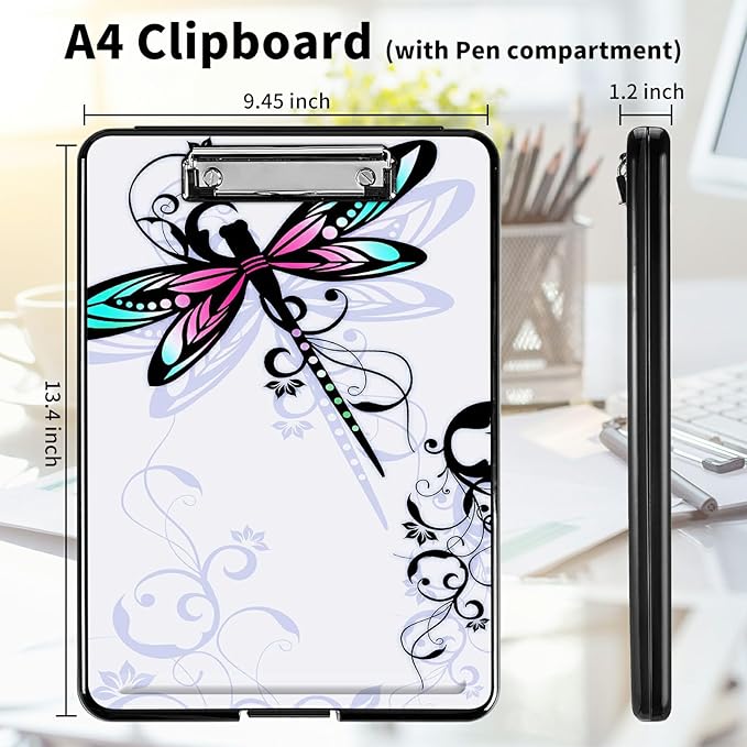 A4 Clipboards,Heavy Duty Waterproof Nursing Plastic Folder Clipboard with Storage Clip Boards,File Folder Storage Box Clipboard Case for Teacher,Doctor,Offices,Dragonfly with Lotus Flower