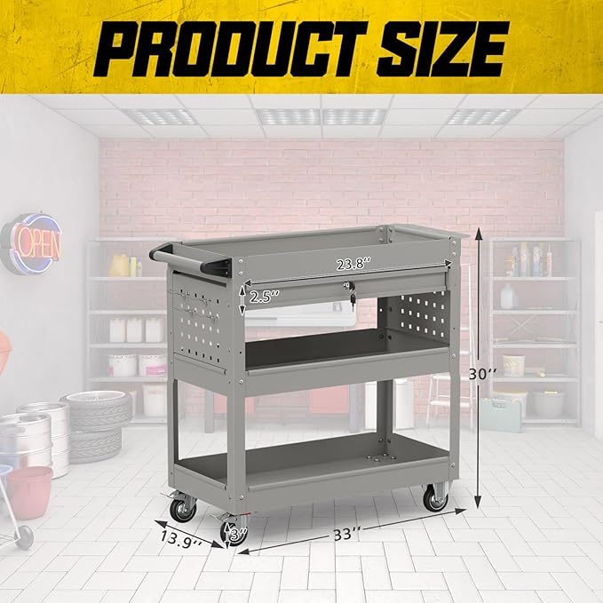 3 Tier Rolling Tool Cart on Wheels, 450 LBS Capacity Tool Cart with Drawers, Heavy Duty Rolling Utility Cart on Wheels, Rolling Tool Work Carts for Garage, Warehouse and Repair Shop,Grey