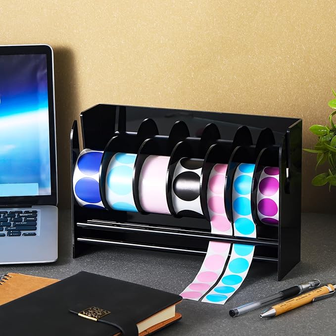 Qilery Adjustable Label Dispenser Acrylic Roll Sticker Dispenser Sticker Holder Organizer Label Stand for Holding Office and Home(7 Disks Black)