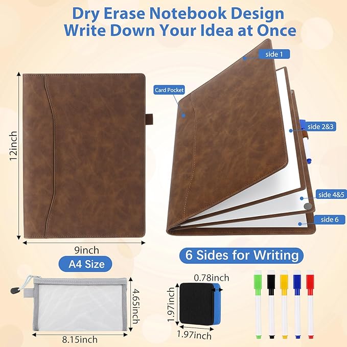 6 Sides Whiteboard Notebook Portable Whiteboard Dry Erase Notebook Portable Dry Erase Board Double Sided Folding Whiteboards White Board for Office Study Meeting(Brown,A4: 9"×12”)