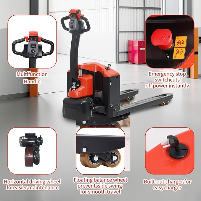 Full Electric Pallet Jack Truck 3300Lbs Capacity with Emergency Key Switch 48‘’x27'' Fork Size Powered Lithium Battery Truck for Factory, Warehouse, Supermarket, Multi-Function Handle (Red)