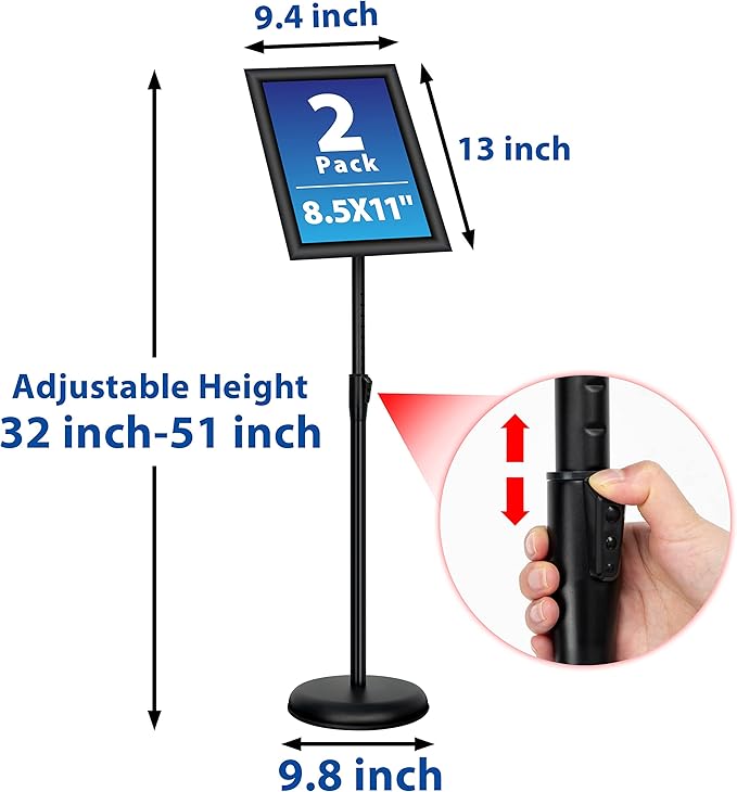 2Pack 8.5x11 Inch Adjustable Pedestal Poster Sign Stand, Heavy Duty Floor Standing Sign Holder Stand Aluminum Snap Open Frame for Vertical and Horizontal View Sign Displayed(Black)