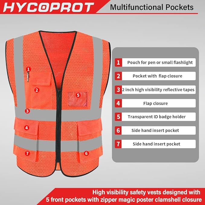 HYCOPROT High Visibility Mesh Safety Reflective Vest with Pockets and Zipper, Meets ANSI/ISEA Standards