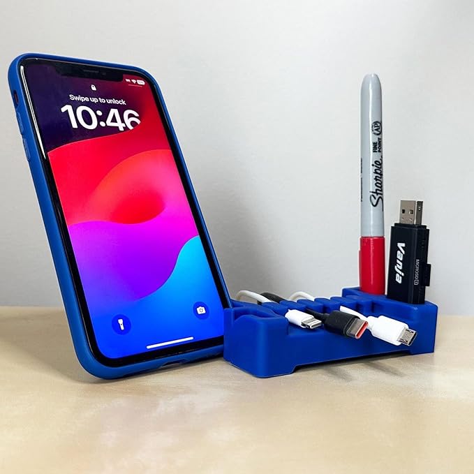 DeskBrick 2PK – Patented Non-Slip Steel-Weighted Desk Organizers & Cable Management Gadgets, Versatile Cord, Phone & Accessory Holders for Office, Home & Desktop – Best Gift for Men. Blue