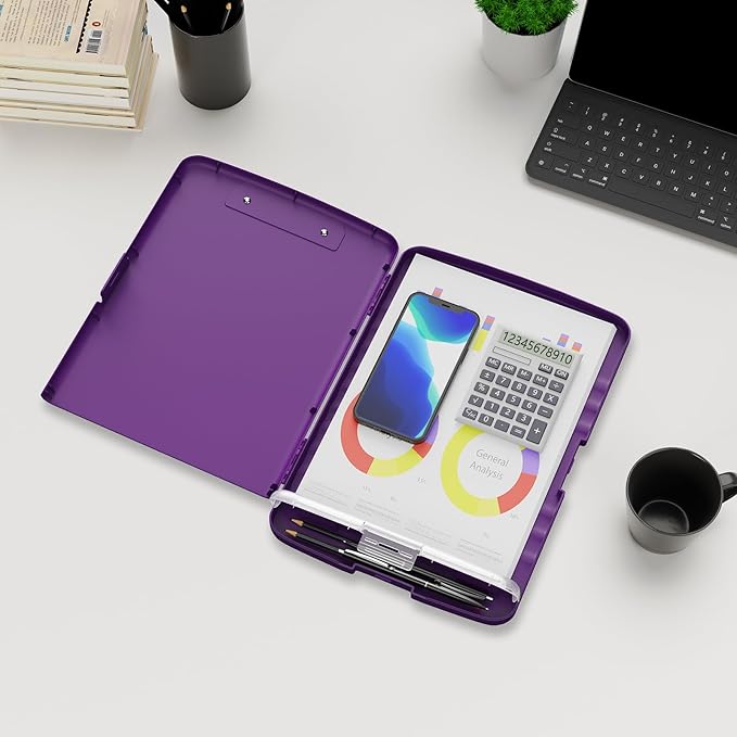 Plastic Clipboard with Storage, 8.5 x 11 Storage Organization Box Side-Opening, Heavy Duty Clip Board with Pen Holder and Paper Folder for Nurses, Teachers, Office & School Supply, Dark Purple