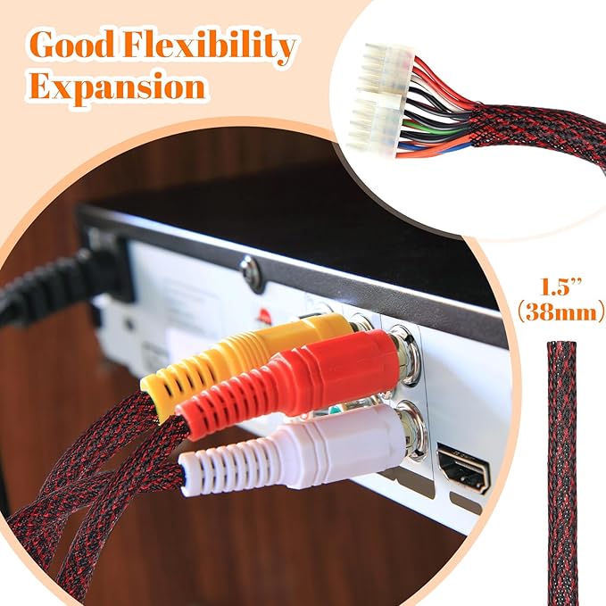 Pangda 1.5inchx50ft Wire Loom Pet Expandable Braided Sleeving Braided Sleeve for Tv, Computer, Home Theater(Black-Red)