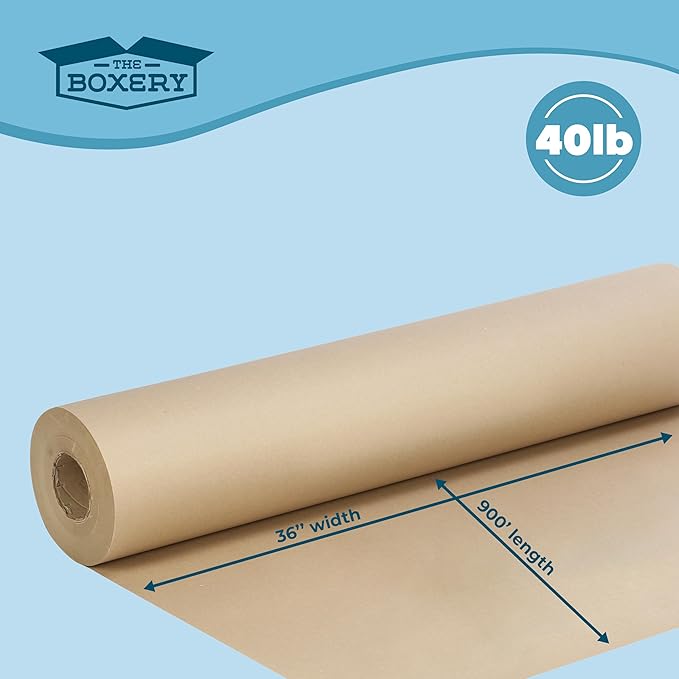 The Boxery Kraft/Brown Kraft Paper Roll, 36” x 10,800” (900’)-40lb. Thickness-Brown Wrapping Paper, Natural Kraft Packing Paper, Void Fill, Arts/Crafts, Bulletin Boards, Gift Wrapping