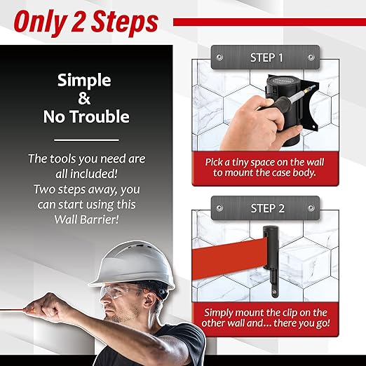 DuraSteel Wall Mount Retractable Belt Barrier - 9.2 Ft Red Safety Belt in Sturdy Black Casing - Guardian 1.0 Indoor & Outdoor Do Not Enter Caution Tape for Effective Wall Control Ropes, Line Dividers