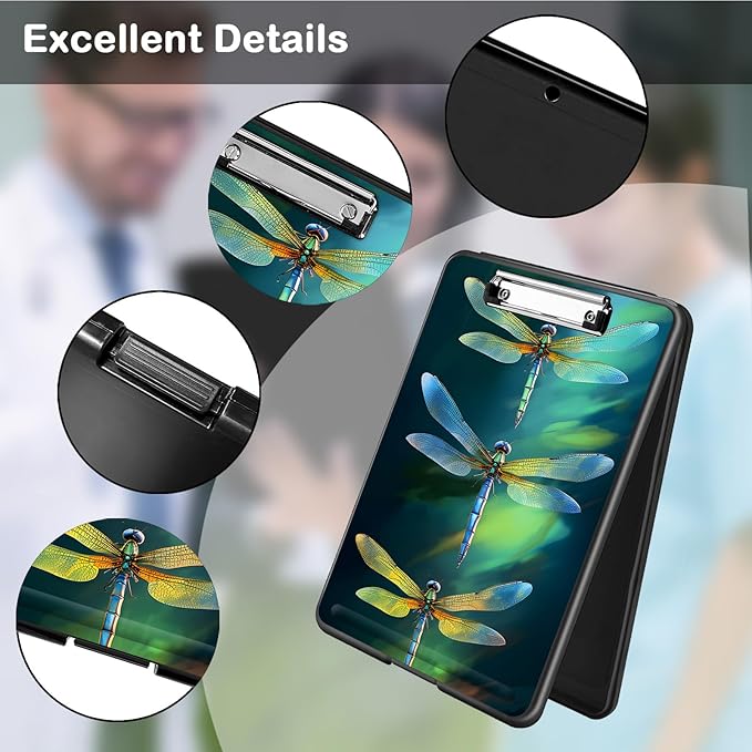 Clipboard with Storage,Office Supplies Nursing Clipboards Folder with Pen Holder Plastic Foldable Clip Board with Storage for Nurse Teacher,Green Dragonflies