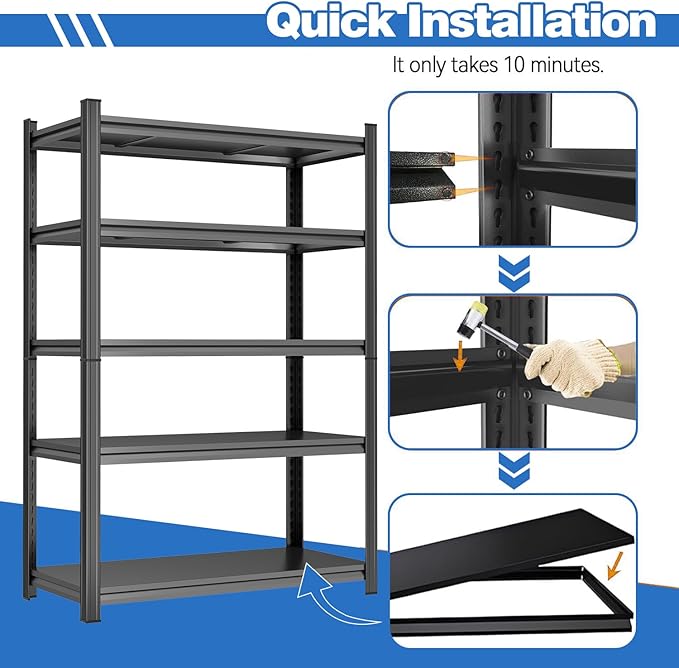 72"H Storage Shelves 5 Tier Garage Shelving Unit 3000LBS Metal Shelving Heavy Duty Adjustable storage rack for Basement, Warehouse, Pantry, Closet, Kitchen 72" H x 39.4" W x 19.7" D, Black
