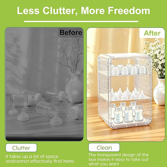 Baby Bottle Organizer,3/4 Tier Bottles Storage Organizers,Clear Station Organizer ContainerClear Baby Bottle Storage Organizer For Countertop And Cabinet,Ideal for Bottles, Pacifiers,Pump Parts