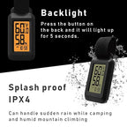 Dretec Portable Digital Thermometer Hygrometer Splash Proof IPX4 Clock Function Backlight for Backpacking, Skiing, Outdoor Thermometer Activity Black