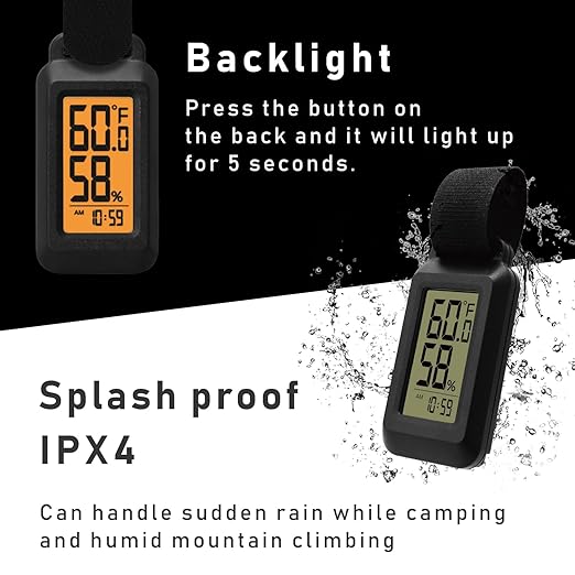 Dretec Portable Digital Thermometer Hygrometer Splash Proof IPX4 Clock Function Backlight for Backpacking, Skiing, Outdoor Thermometer Activity Black