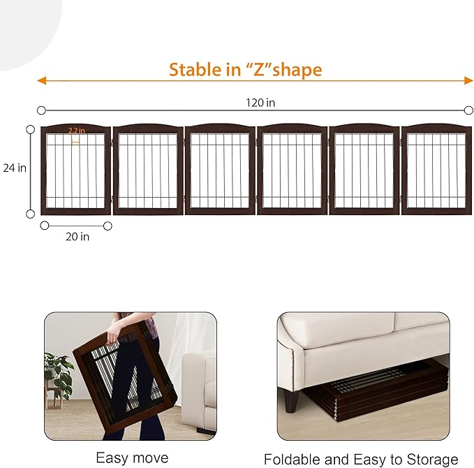 LZRS 6-Panel Extra Wide Wooden Freestanding Dog Gate: Foldable Solid Wood and Steel Wire Chew Resistant Safety Barrier for Doorways, Stairs, and Open Long Spaces Indoor Use, Walnut
