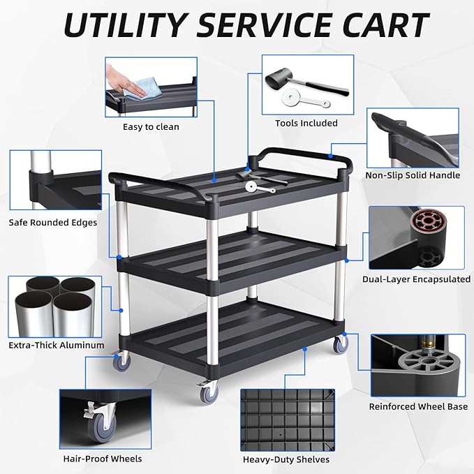 Utility Cart with Wheels, 3 Tier Rolling Cart with Tangle-Free Wheels(2 with Brakes), Heavy Duty 450 Lbs Capacity,Commercial Serving Cart for Home, Office, Restaurant, Warehouse.40×19.7"×38"