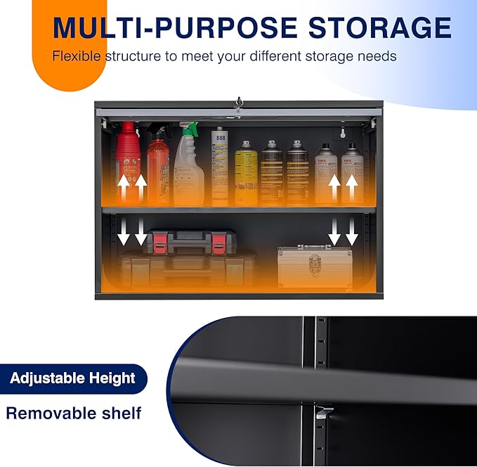 Yizosh Metal Wall Cabinet with Doors and Shelves, Wall Mounted Storage Cabinet for Garage, Basement, Kitchen, Warehouse (Black Gray, 21.6" H)