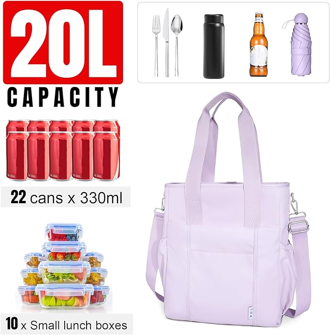 NOL Natural Organic Lifestyle Insulated Lunch Bag for Men/Women,Extra Large Lunch Tote Bag With Removable Adjustable Shoulder Strap with Multi Pockets,Leakproof Cooler Lunch Bag For Work,Light purple