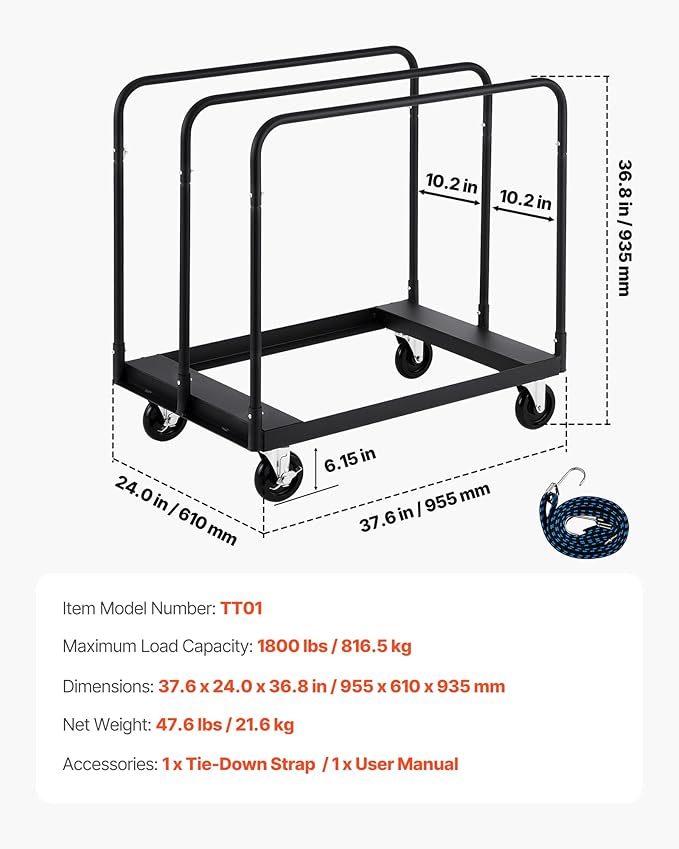VEVOR Drywall Cart Dolly, 1800 lbs Load Capacity, Steel Panel Truck Cart with 5 inch Swivel Casters, Lumber Drywall Dolly with with Tie-Down Strap & 3 Side Handrails for Factory, Warehouse, Black