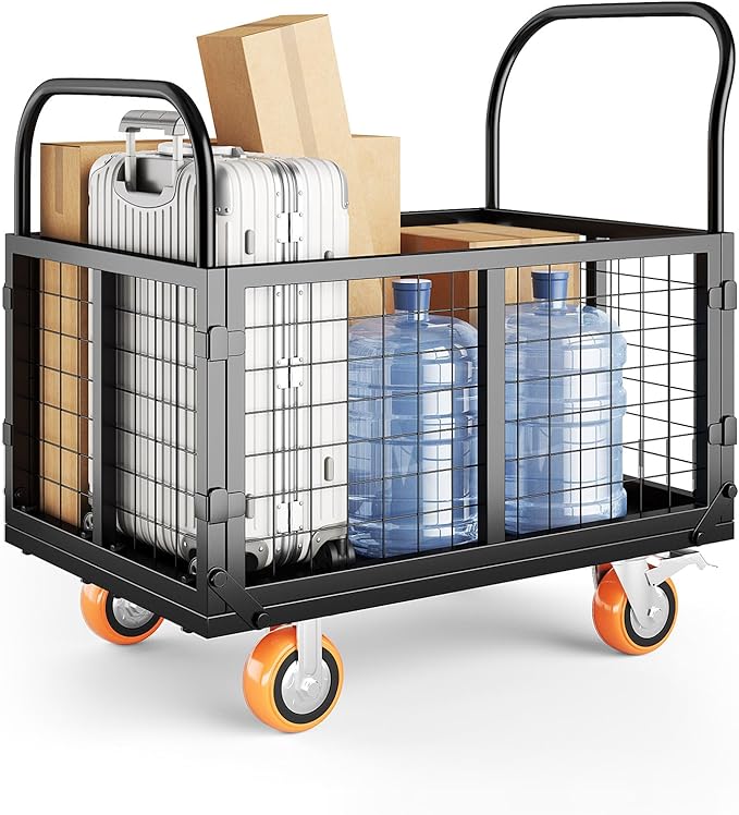 6in1 Foldable Platform Truck Cart with Cage Platform Truck,1800lbs Push Cart Dolly Capacity Flatbed Hand Truck Dolly Cart Multipurpose for Grocery, Laundry, Garage, Warehouse (Black)