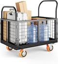 6in1 Foldable Platform Truck Cart with Cage Platform Truck,1800lbs Push Cart Dolly Capacity Flatbed Hand Truck Dolly Cart Multipurpose for Grocery, Laundry, Garage, Warehouse (Black)