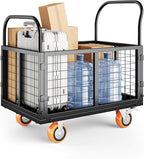 6in1 Foldable Platform Truck Cart with Cage Platform Truck,1800lbs Push Cart Dolly Capacity Flatbed Hand Truck Dolly Cart Multipurpose for Grocery, Laundry, Garage, Warehouse (Black)