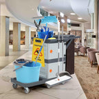 Commercial Janitorial Cart, 3-Shelf Housekeeping Cleaning Cart with 2 Cabinet, Wheels, Cover, Shelves, and Oxford Bag, Traditional Janitorial Cart for School Hotel Apartment