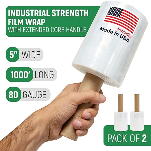 5" x 1000' Industrial Strength Mini Stretch Wrap Rolls with Extended Core Handles, Ready to Use Pack of 2 Clear Stretch Film Rolls, 80 Gauge, 500% Elongation - Shrink Wrap for Moving, Packing