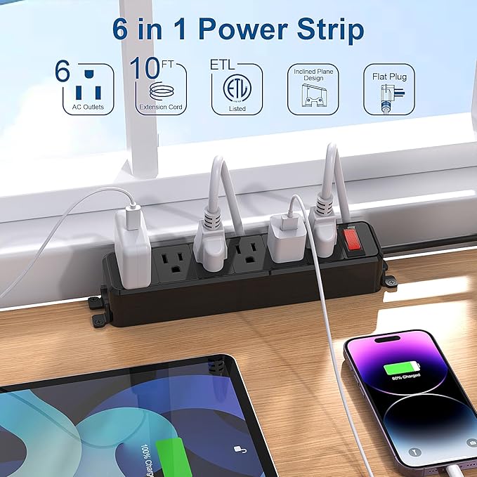Wall Mount Power Strip,Flat Plug Power Strip with Switch,10ft Extension Cord,6 Outlets, Flexible Installation for Home, Office,and School,ETL Listed,Black (10ft,6 outlets)